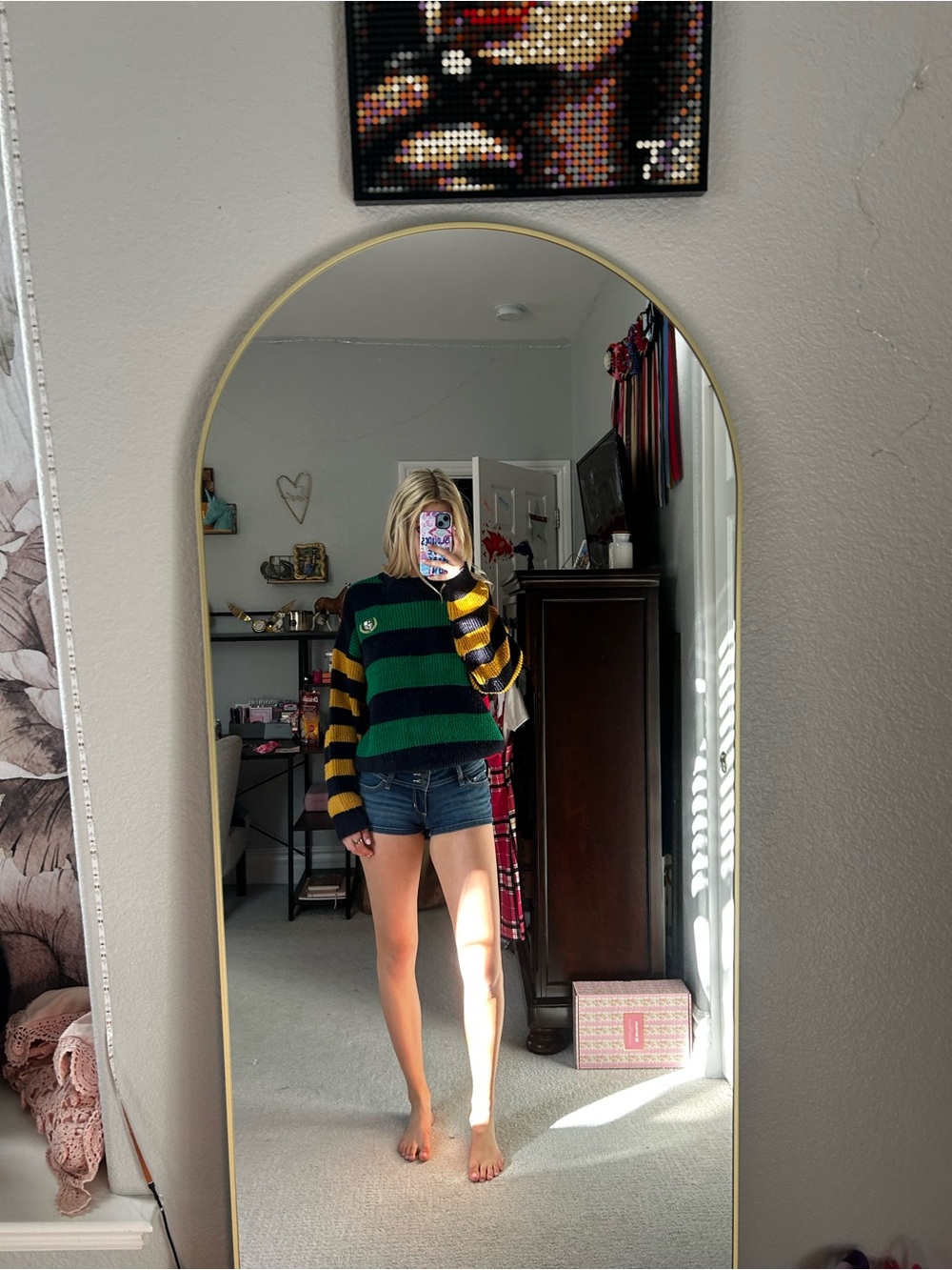 BDG Striped Crewneck Sweater in Green and Black with Yellow Sleeves